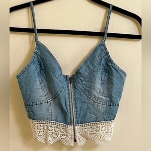 Clover + Scout Blue Denim Crop Camisole Lace Trim Zip Festival Adjustable Boho